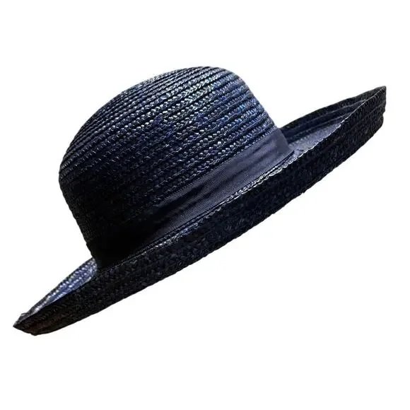 1980s Unbranded Navy Straw Sun Hat Vintage - Picture 2 of 5